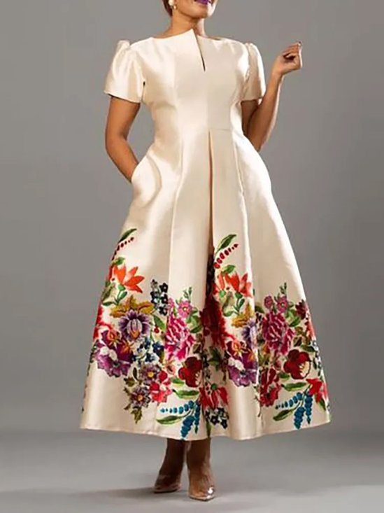 Regular Fit Floral Elegant Pocket Stitching Dress With No Belt