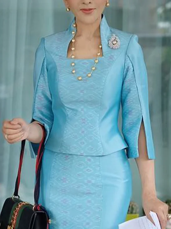 Stand Collar Elegant Color Block Regular Fit Shirt