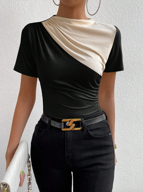 Casual Color Block Ruched Daily Short Sleeve T-Shirt