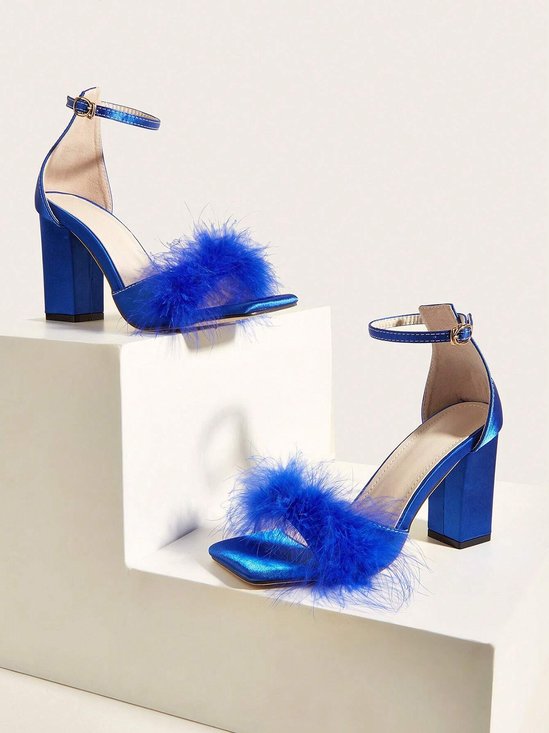 Fluffy Imitation Feather Satin Chunky Heeled Ankle Strap Sandals