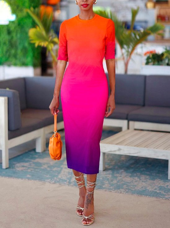 Tight Ombre Crew Neck Vacation Midi Dress With No Belt