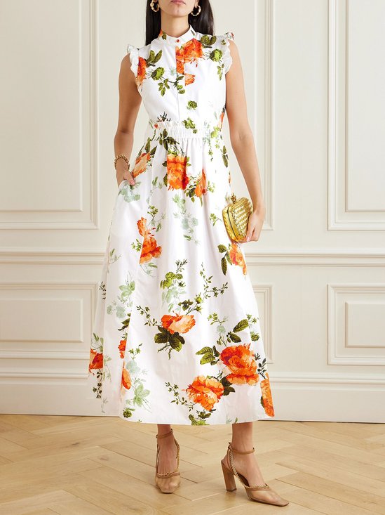 Regular Fit Floral Vacation Stand Collar Sleeveless Dress