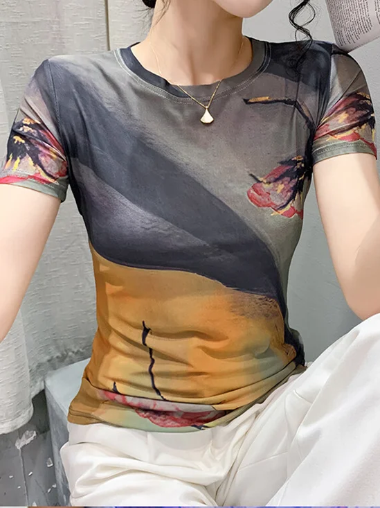 Crew Neck Printing Jersey Casual T-Shirt