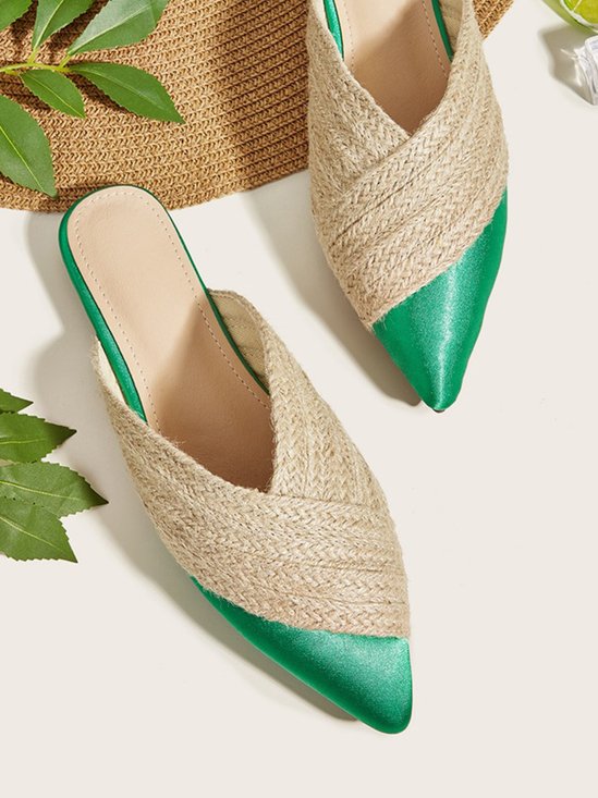 Color-block Satin Straw Weaved Vacation Flat Mules