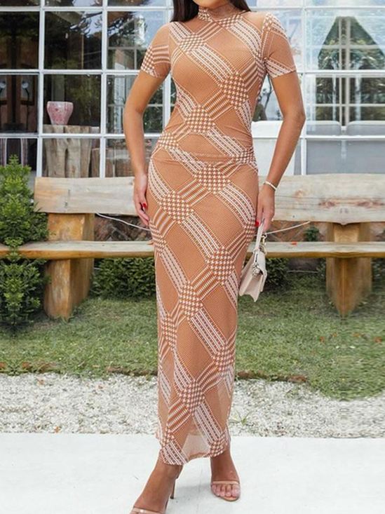 High Elasticity Half Turtleneck Elegant Tight Long Sleeve Geometric Maxi Dress