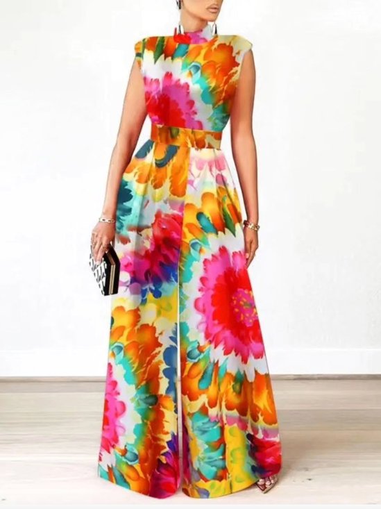 Stand Collar Regular Fit Vacation Floral Jumpsuit