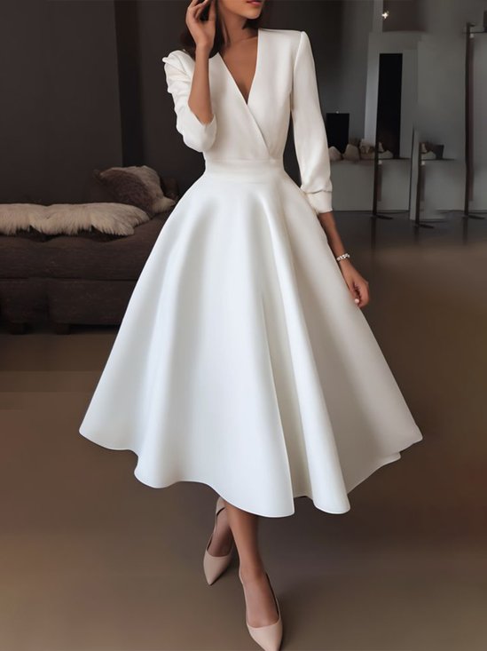 Plain Elegant Regular Fit V Neck Dress