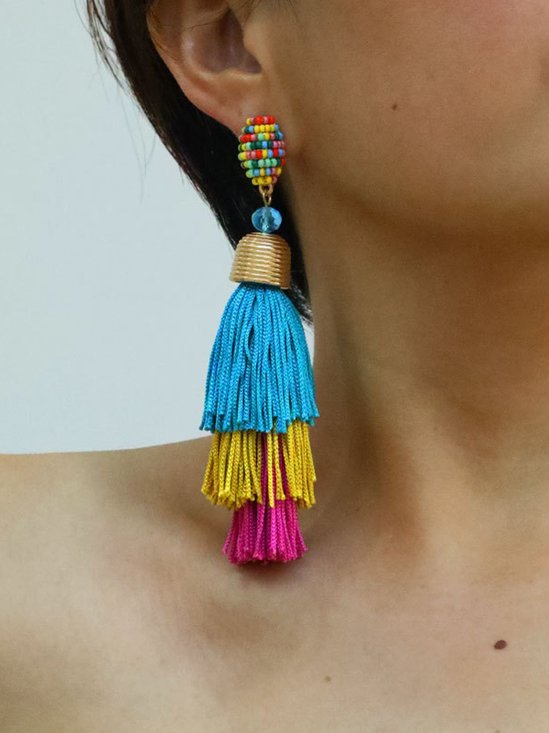 Boho Color-block Beaded Tassel Drop Earrings
