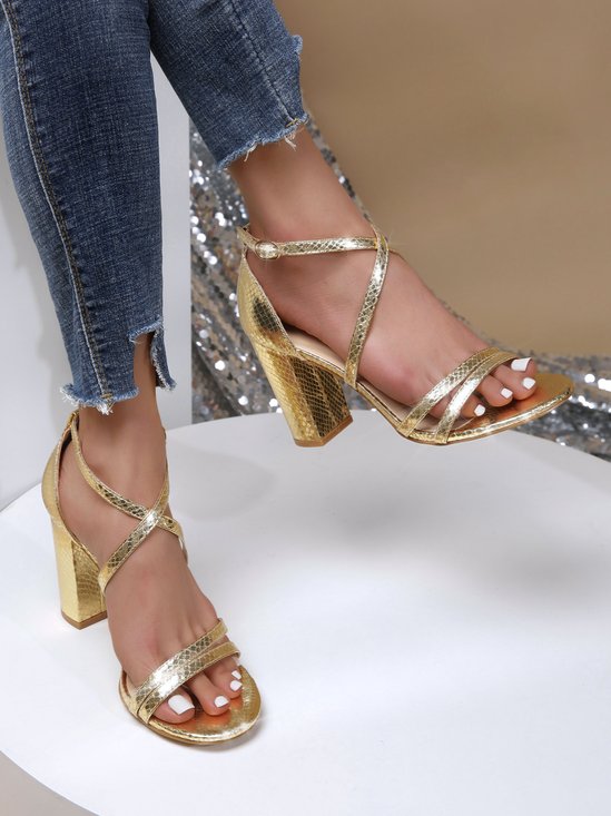 Metallic Embossed Chunky Heeled Strappy Sandals