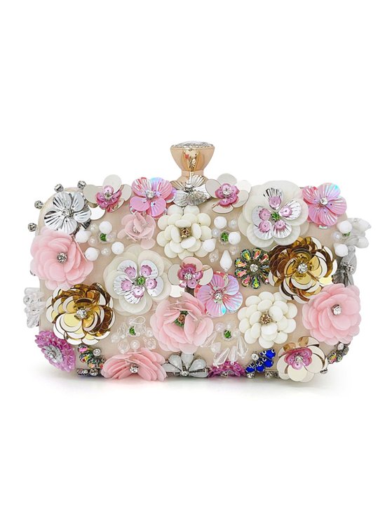 Elegant Floral Beaded Clutch Bag with Crossbody Chain Strap