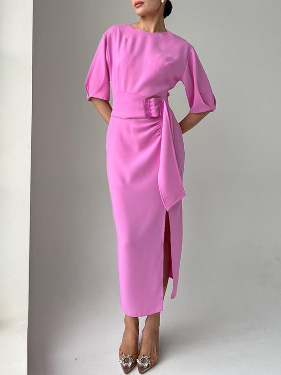 Elegant Plain Crew Neck  Half Sleeve Dress With Belt