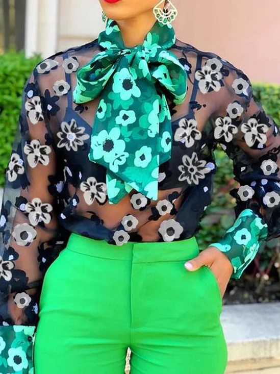 Loose Elegant Long Sleeve Color Block Others Blouse