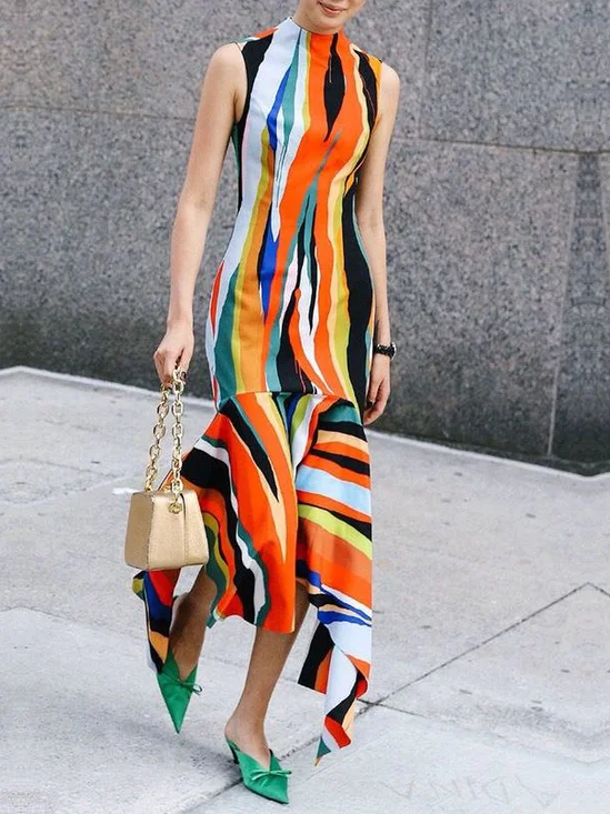 Medium Elasticity Regular Fit Elegant Stand Collar Sleeveless Geometric Maxi Dress