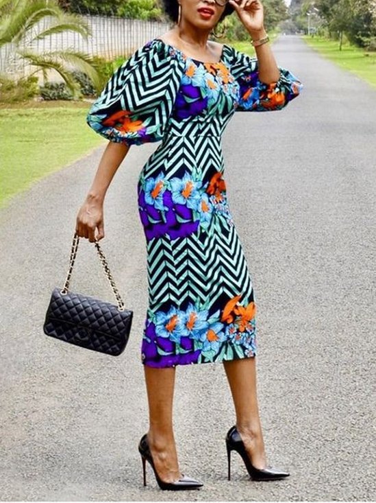 Crew Neck Floral Half Sleeve Elegant Midi Dress