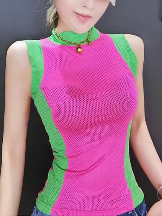 Tight Stand Collar Vacation Color Block Tank Top
