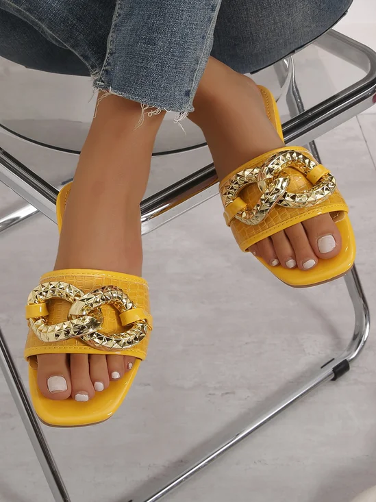 Metal Chain Decor Embossed Slide Sandals