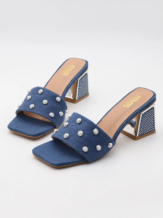 Elegant Imitation Pearl Studded Denim Block Heel Mule Sandals
