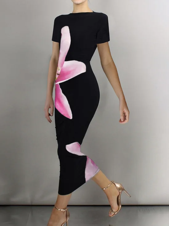 Tight Boat Neck Short Sleeve Floral Elegant Midi Dress