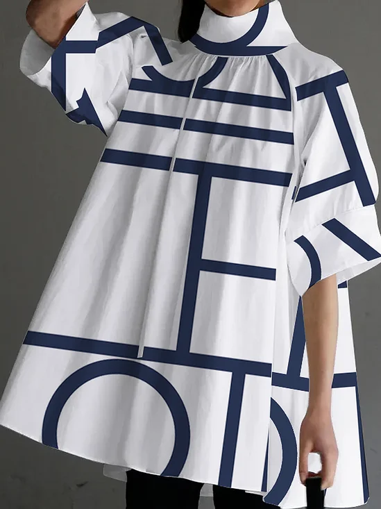 Loose Abstract Stand Collar Short Sleeve Vacation Shirt