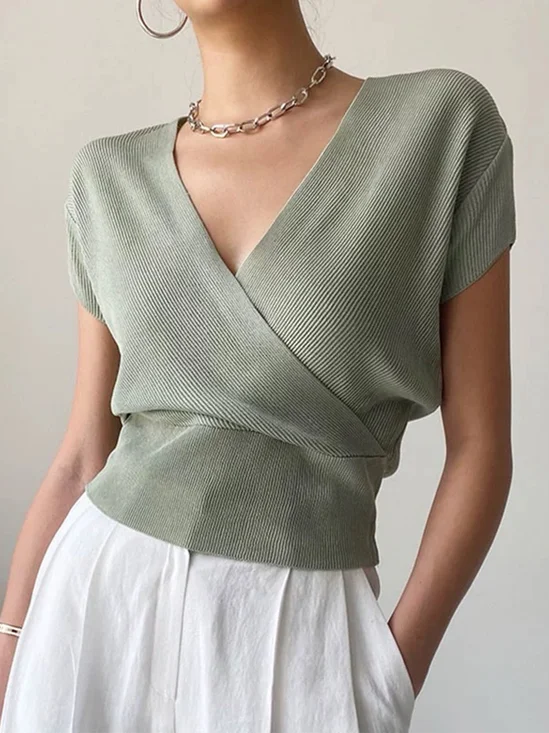 V Neck Regular Fit Urban Plain Knit Shirt