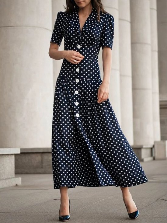 Elegant Regular Fit V Neck Buttoned Polka Dots Dress