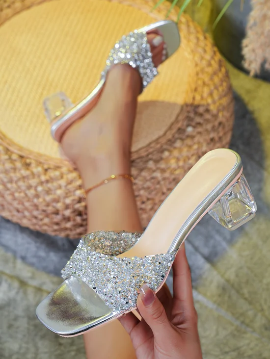 Glamorous Rhinestone Decorated Crystal Chunky Heel Mule Sandals