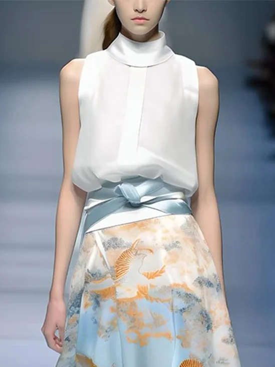 Elegant Regular Fit Plain Stand Collar Blouse