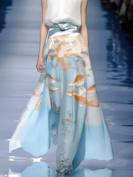 Regular Fit Random Print Elegant Maxi Skirt With Belt