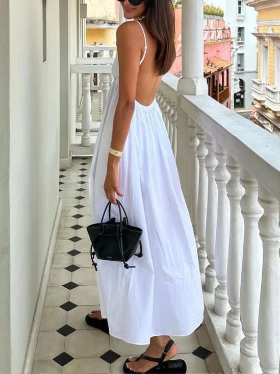 Vacation Loose V Neck Plain Slip Dress