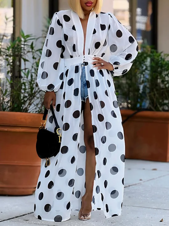 Vacation V Neck Polka Dots Loose Kimono