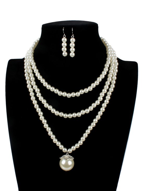 Elegant Imitation Pearl Multilayer Necklace with Dangle Earrings Party Jewelry Set