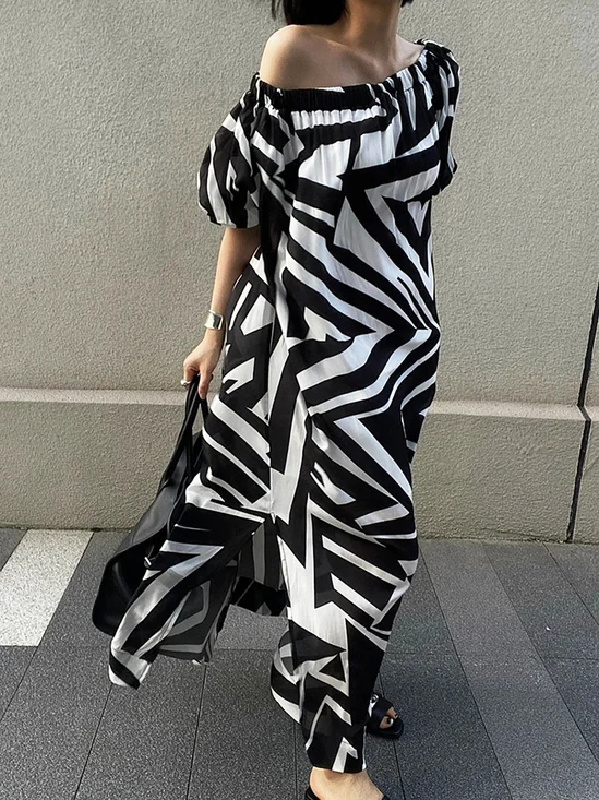 Cold Shoulder Geometric Vacation Loose Dress