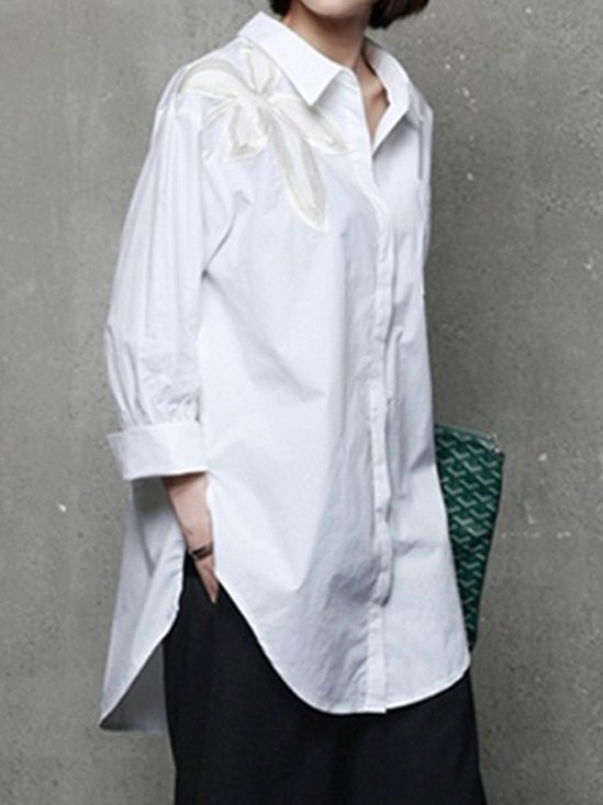 Daily Shirt Collar Embroidery Plain Loose Blouse