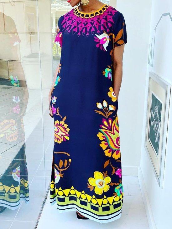 Vacation Crew Neck Short Sleeve Loose Floral Maxi Dress
