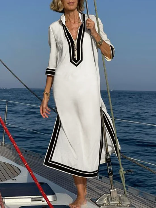 Casual Stand Collar Color Block Linen Dress