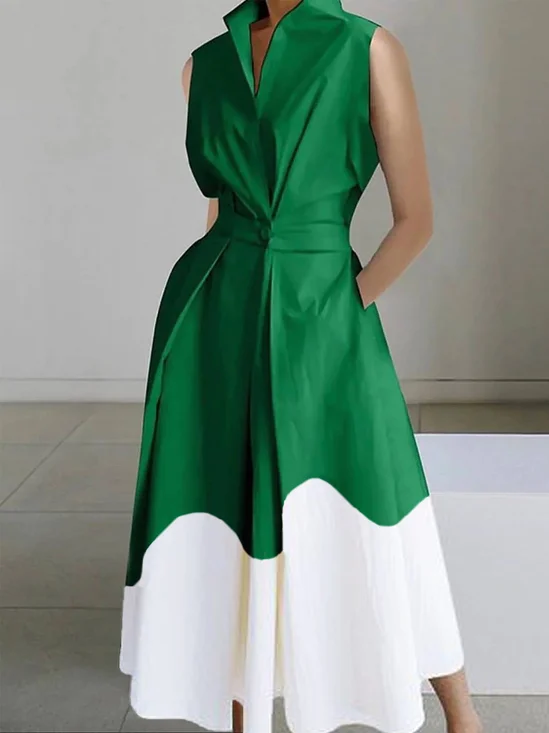 Color Block Casual Regular Fit Sleeveless Shirt Dress