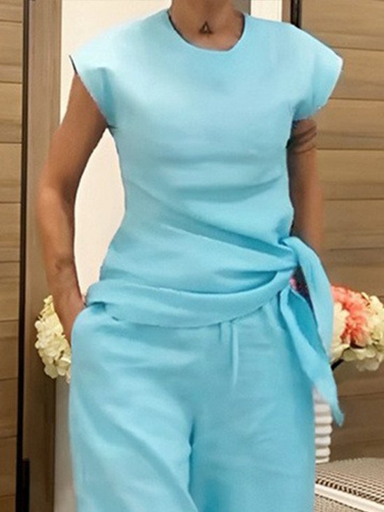 Linen Casual Crew Neck Knot Front Plain Shirt