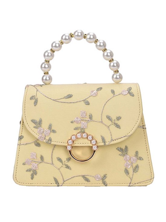 Elegant Faux Pearl Chain Mini Lace Embroidery Handbag with Crossbody Metal Chain