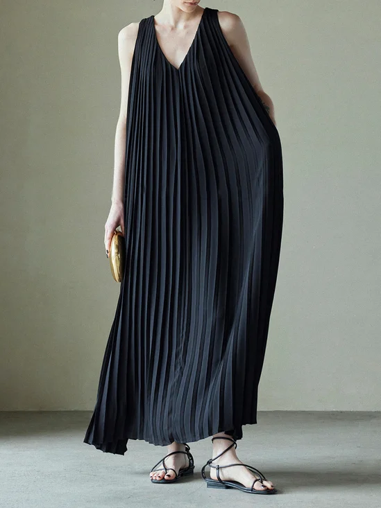 Daily Pleated Elegant Plain Maxi Dress