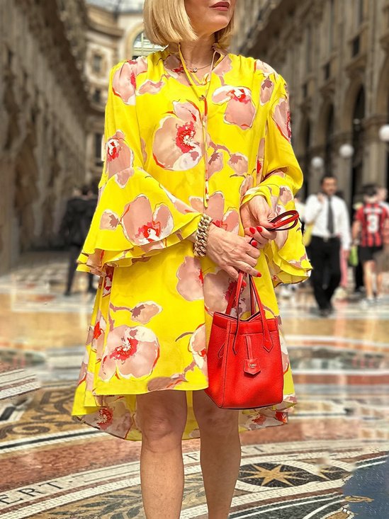 Elegant Flare Sleeve V Neck Printed Mini Dress Sweet Hollow Out Pleated A-line Puffy Gown New Women's Summer Evening Vestidos