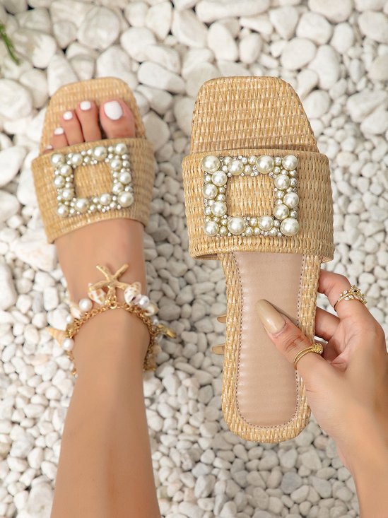Vacation Faux Pearl Embellished Weave Square Toe Slide Sandals