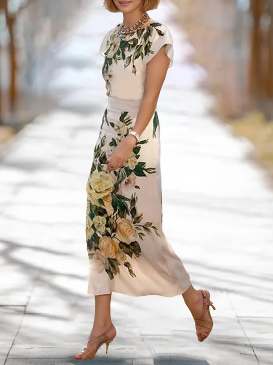 Crew Neck Elegant High Waist Floral Dress
