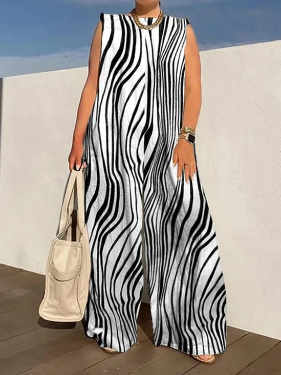 Crew Neck Striped Casual Loose Jumpsuit
