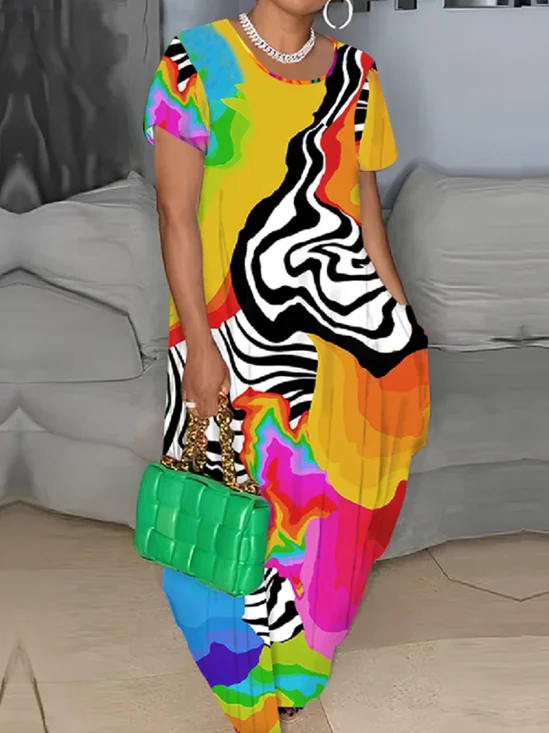 Plus Size Medium Elasticity Vacation Random Print Crew Neck Loose Maxi Dress