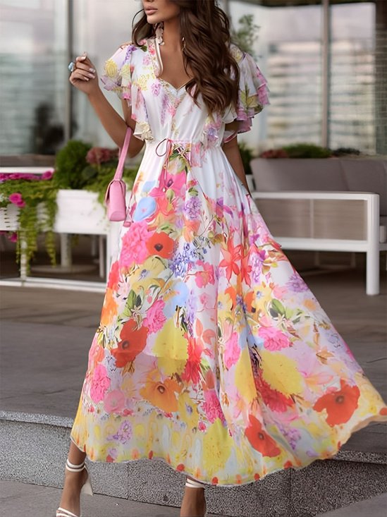 Elegant Regular Fit Floral V Neck Dress