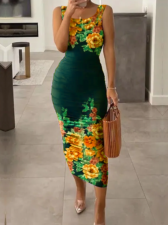 High Elasticity Floral Elegant Crew Neck Sleeveless Tight Midi Dress