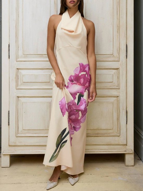 Elegant Floral Halter Regular Fit  Maxi Dress