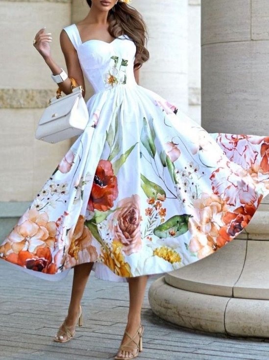 Elegant Floral High Waist Sleeveless Dress