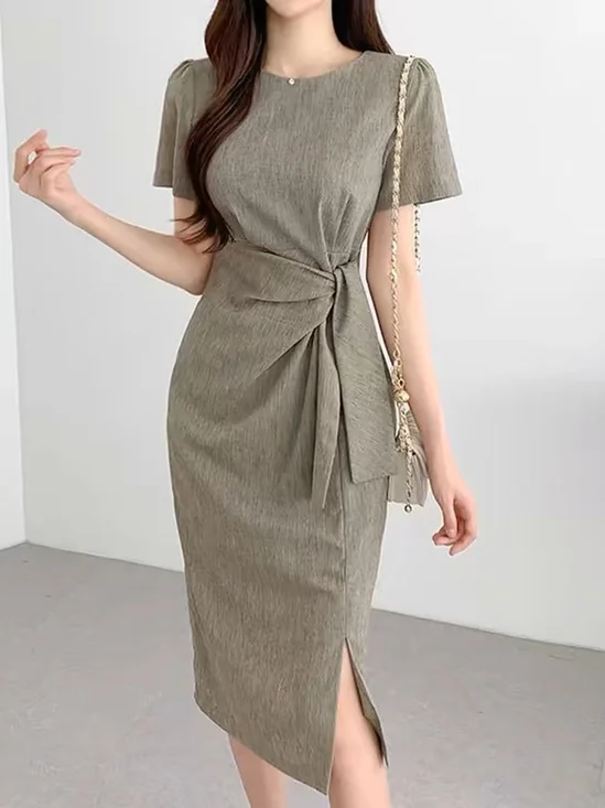Plain Short Sleeve Urban Regular Fit Midi Dress