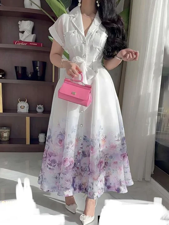 Shawl Collar Regular Fit Floral Elegant Dress With Belt